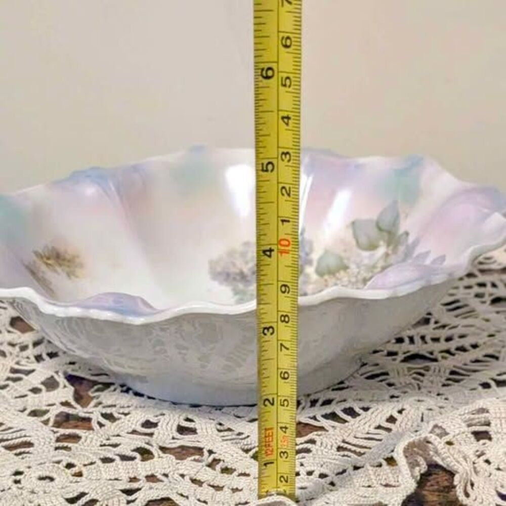 Antique Silesia Germany Lusterware Porcelain Serving Bowl Purple Lilac Floral 9" - Picture 9 of 9